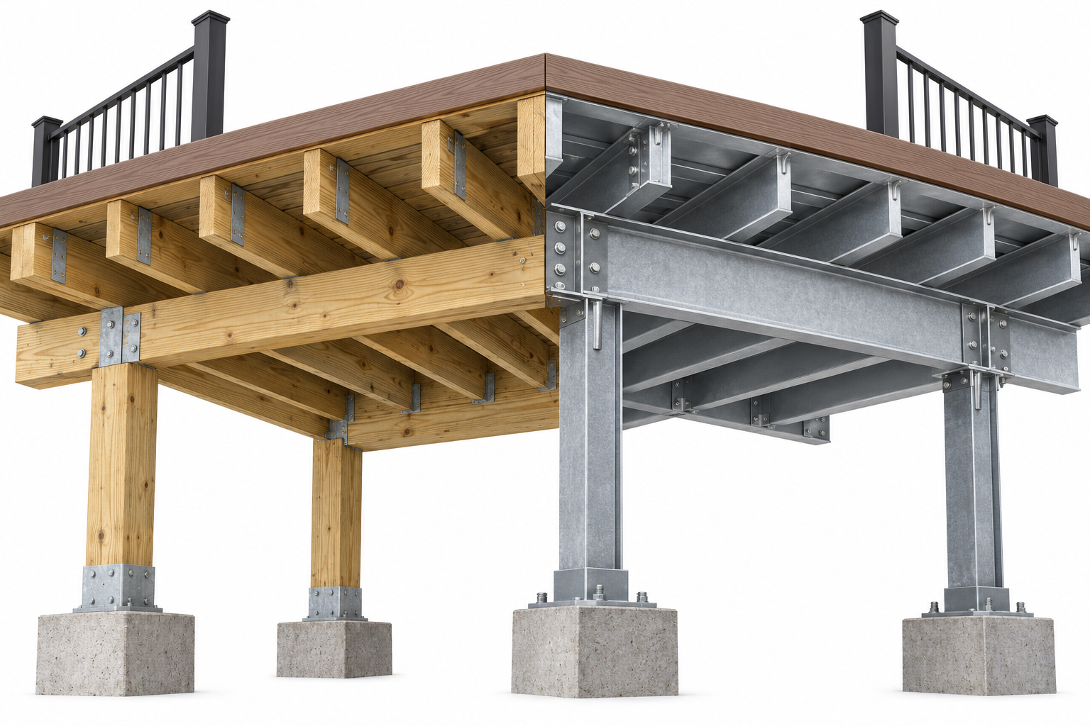 Wood and steel framing are complete assemblies whose connections and product compatibility belong in the comparison.