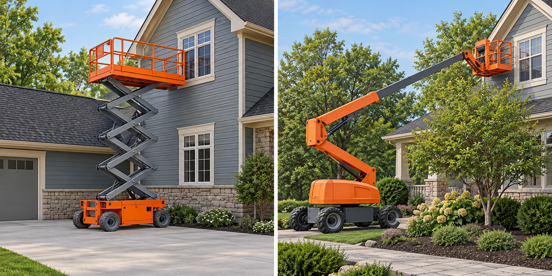 Illustration comparing a scissor lift reaching vertically beside a house with a boom lift reaching outward toward an upper work area.