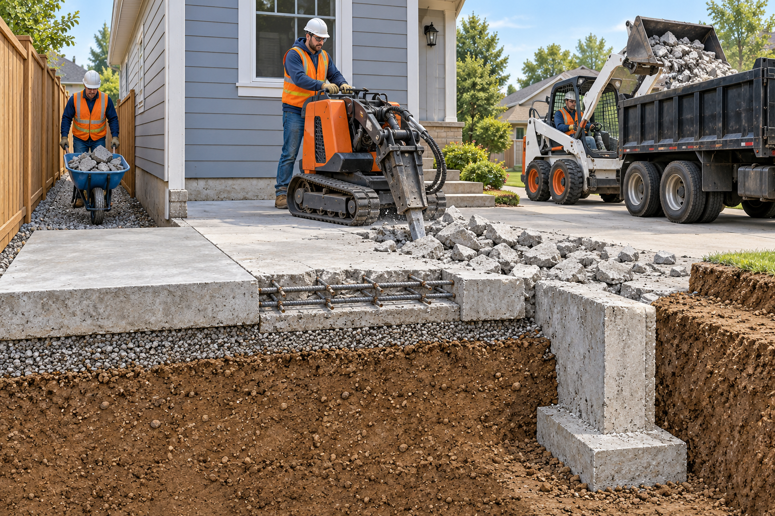 Concrete-removal quote factors shown together: slab depth and reinforcement, site access, heavy debris handling, and a below-grade footing.