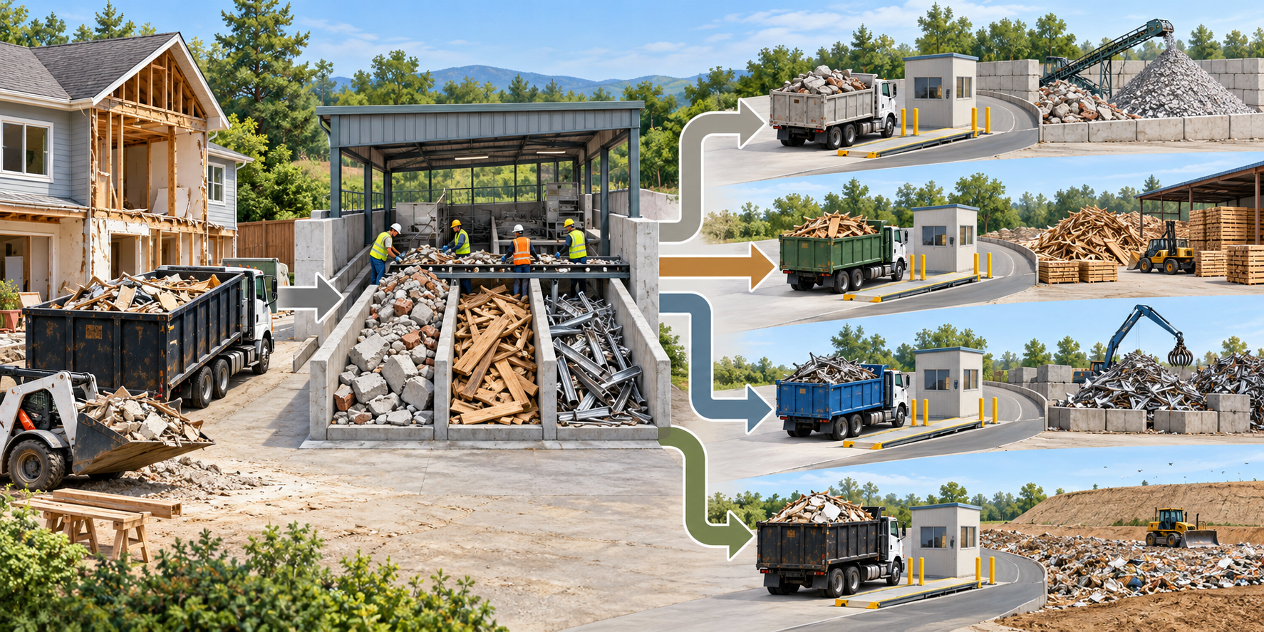 Construction debris moving from a work area through sorting into possible concrete, wood-and-metal, and mixed-waste destinations, with weighing and hauling shown as cost factors.