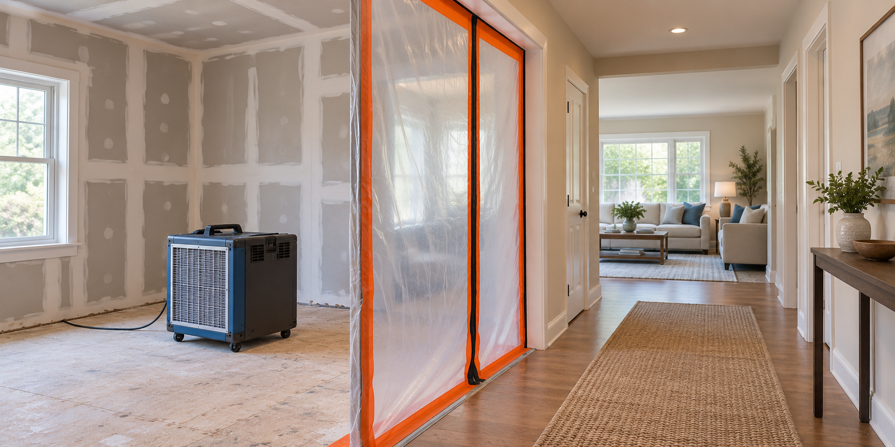Unoccupied renovation work zone separated from an adjacent hallway and living room, with a filtered-air unit shown as one part of containment scope.