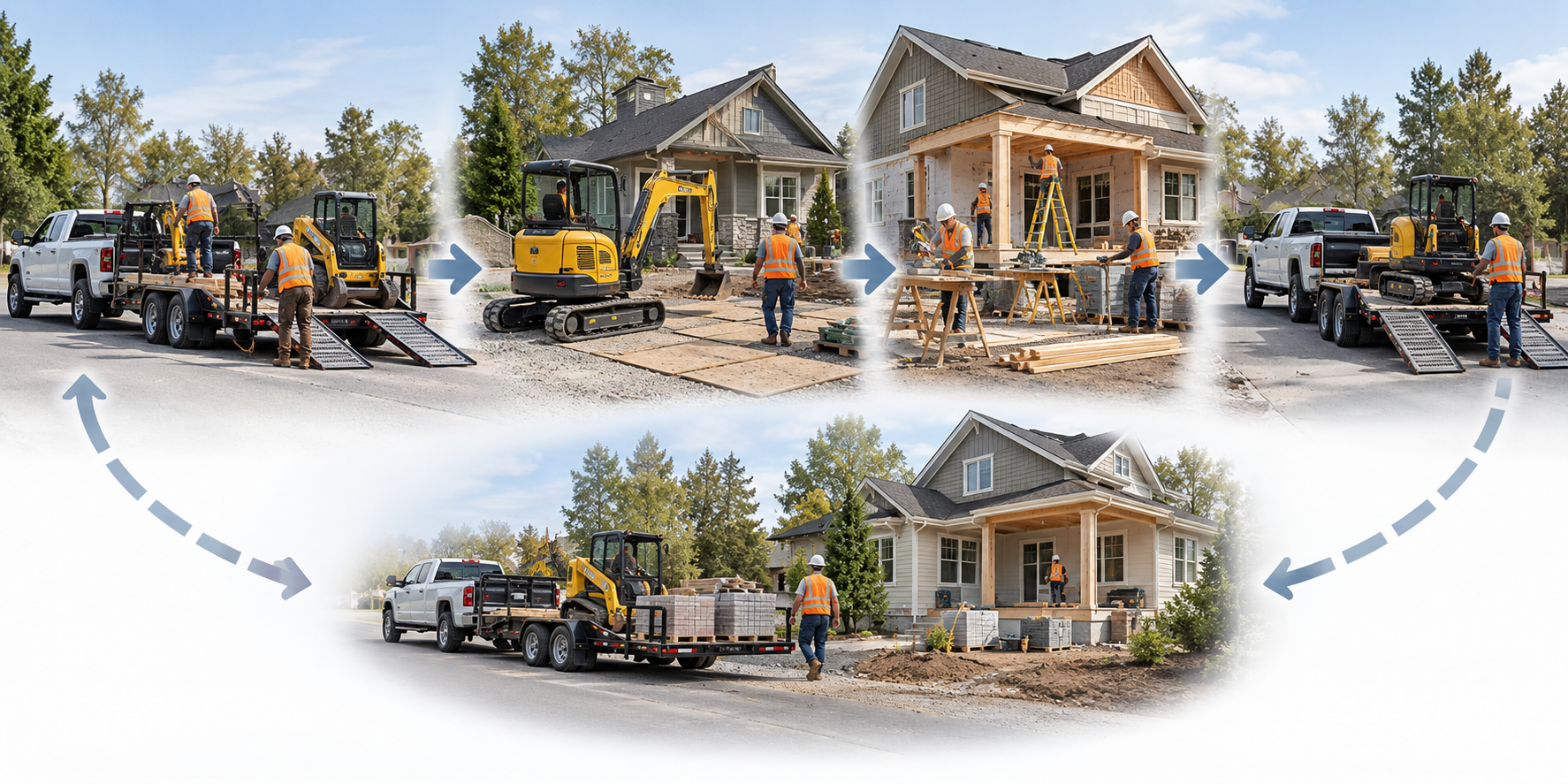 Construction mobilization sequence showing equipment transport, prepared site setup, work, demobilization, and a possible later return trip.