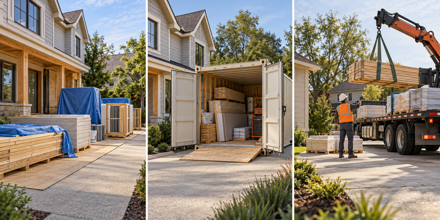 Comparison of onsite protected staging, a portable storage container, and offsite just-in-time material delivery for a home project.