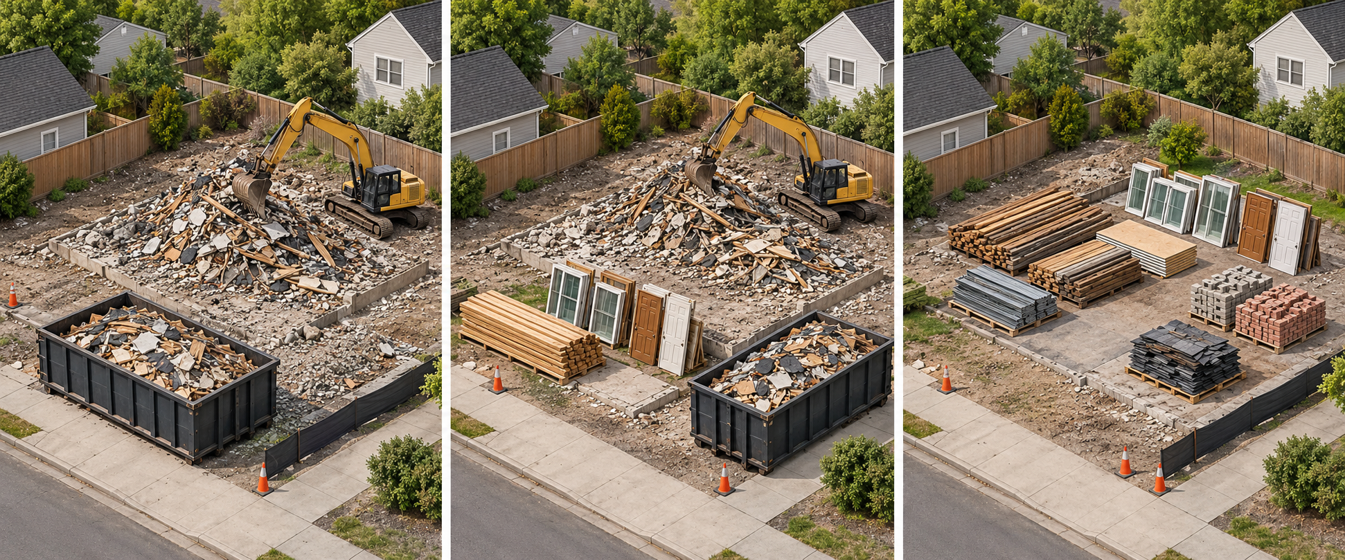 Comparison of conventional demolition with mixed debris, partial deconstruction with selected recovered materials, and fuller deconstruction with separated material piles.