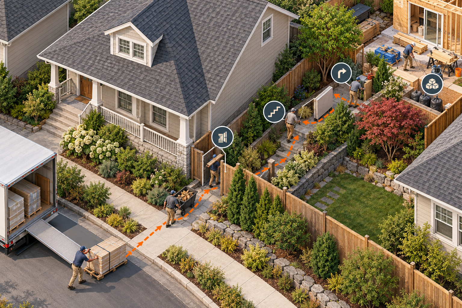 Isometric residential site plan tracing a route from the street through a narrow gate and sloped side path to a backyard work area with limited staging.