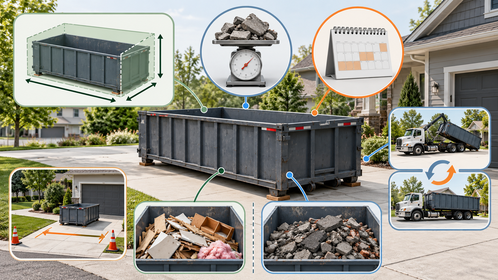 Construction dumpster quote factors shown together: container volume, a separate weight limit, rental time, service visits, and driveway placement.