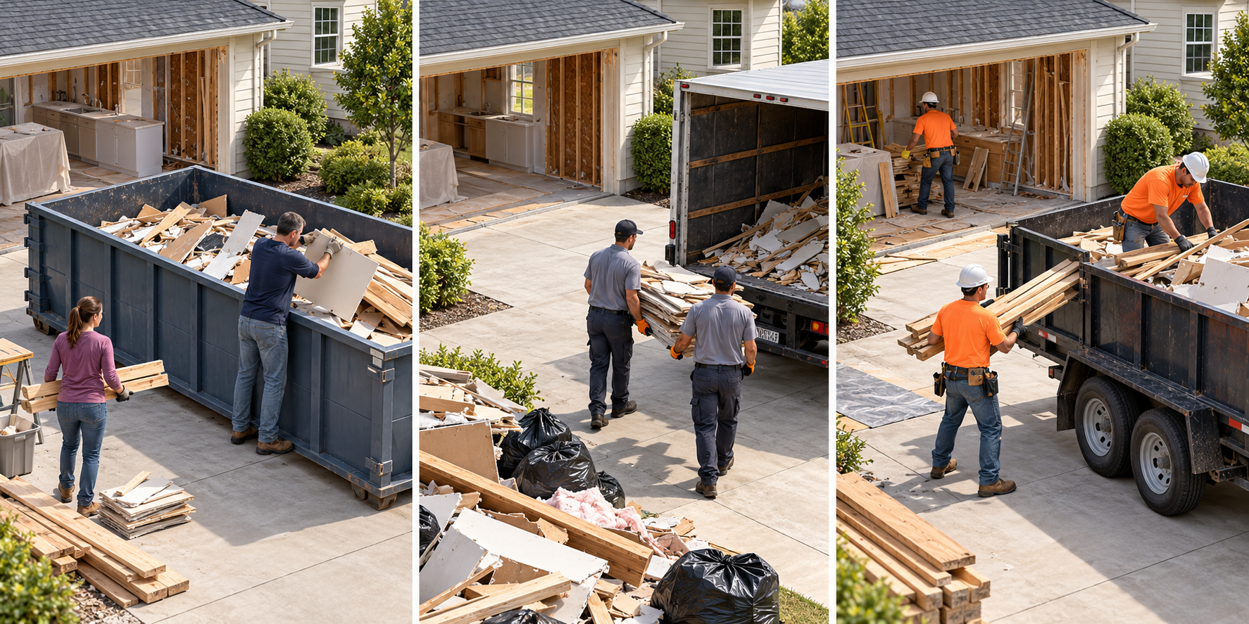 Three debris-service models: an onsite dumpster loaded over time, a crew collecting a prepared pile, and contractor hauling integrated with construction work.