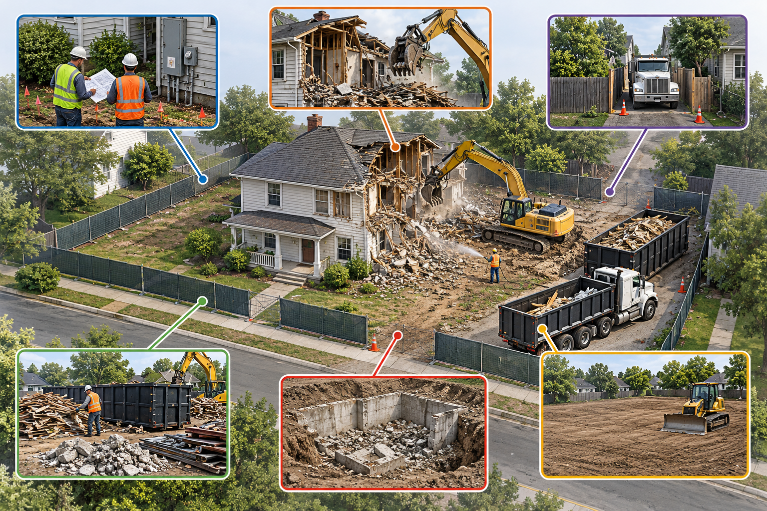 Isometric overview of house demolition quote scope: preparation, teardown, access, debris handling, optional foundation removal, and site closeout.