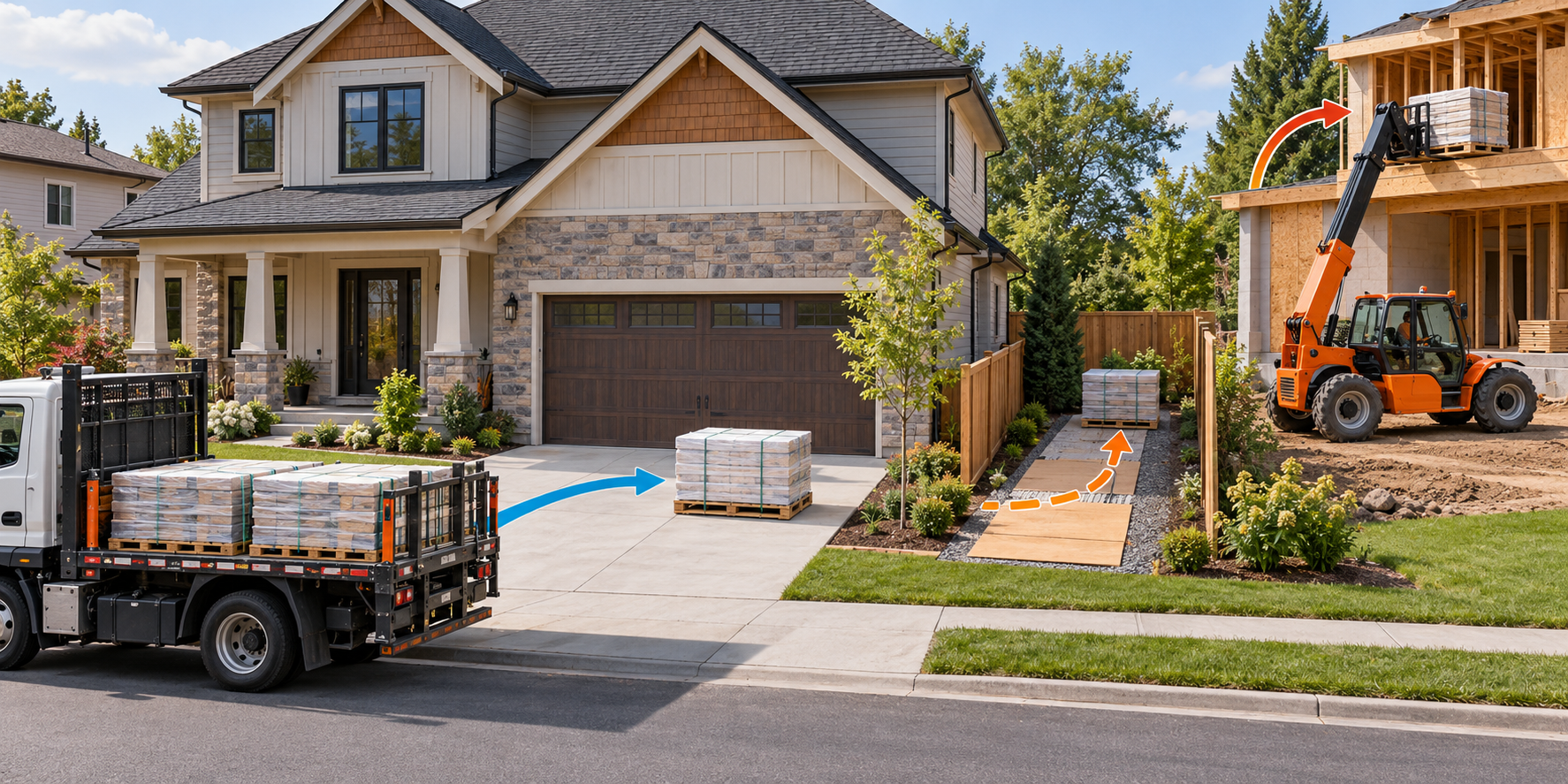Material delivery endpoints compared: a driveway drop, a protected route to a rear work area, and professional placement at an upper level.