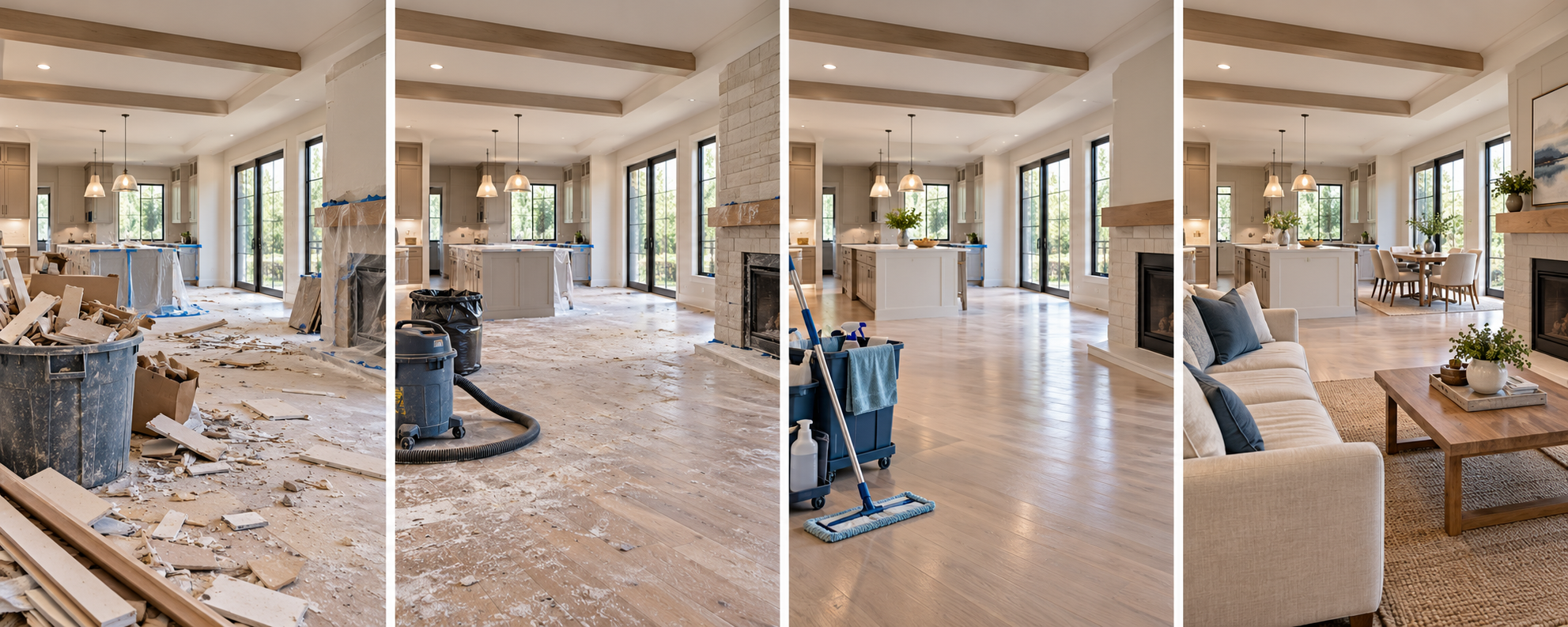 Four closeout stages shown in one room: debris removal, rough cleaning, detailed cleaning, and a later touch-up after punch-list work.