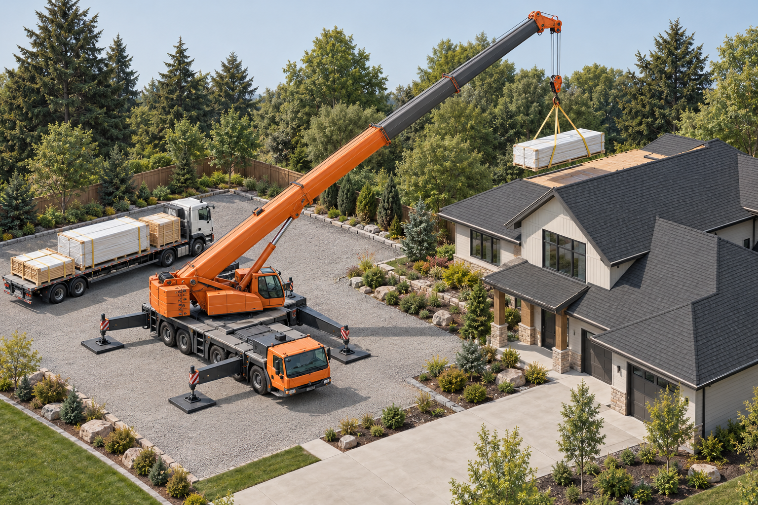 Residential crane pick illustrating the load, setup footprint, horizontal reach, delivery truck, and roof placement point.