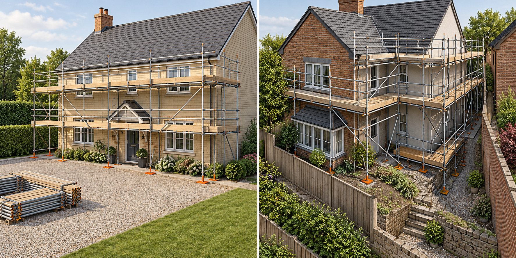 Comparison of a straightforward scaffold setup and a constrained home site with a narrow path, limited staging space, and uneven ground.
