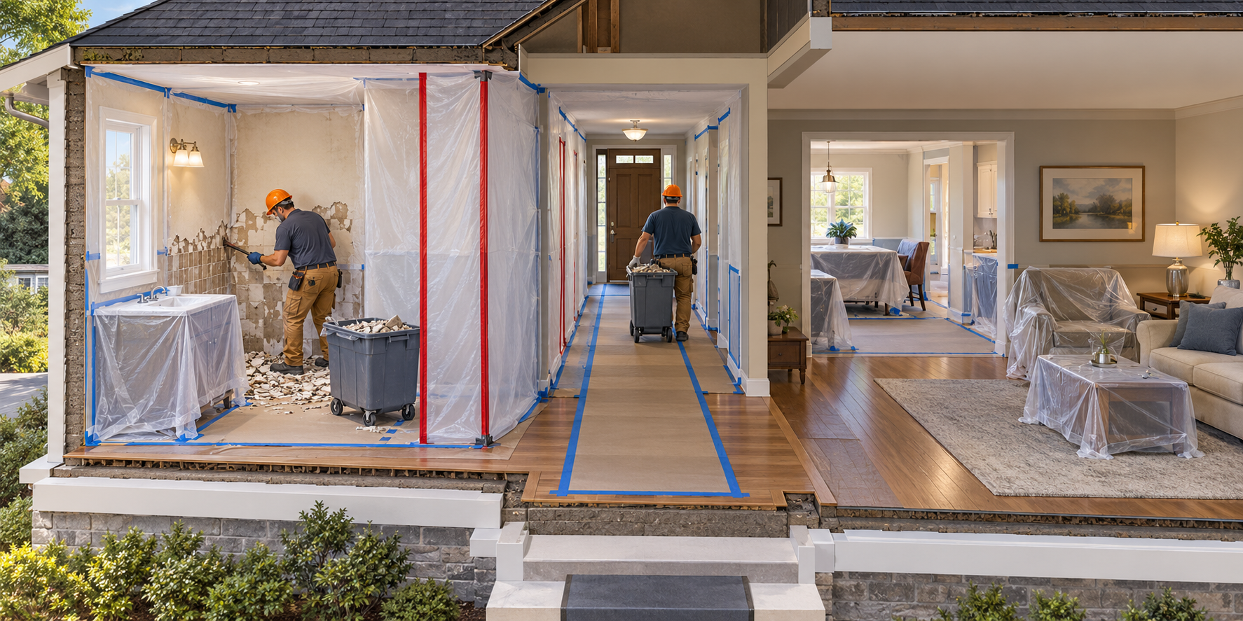 Cutaway of selective interior demolition showing a defined work zone, protected adjacent finishes, and a contained debris route through an occupied home.