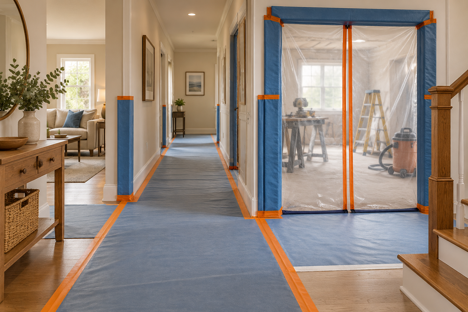 Occupied-home hallway with protected travel surfaces and a separate work-zone boundary, illustrating two distinct protection scopes.