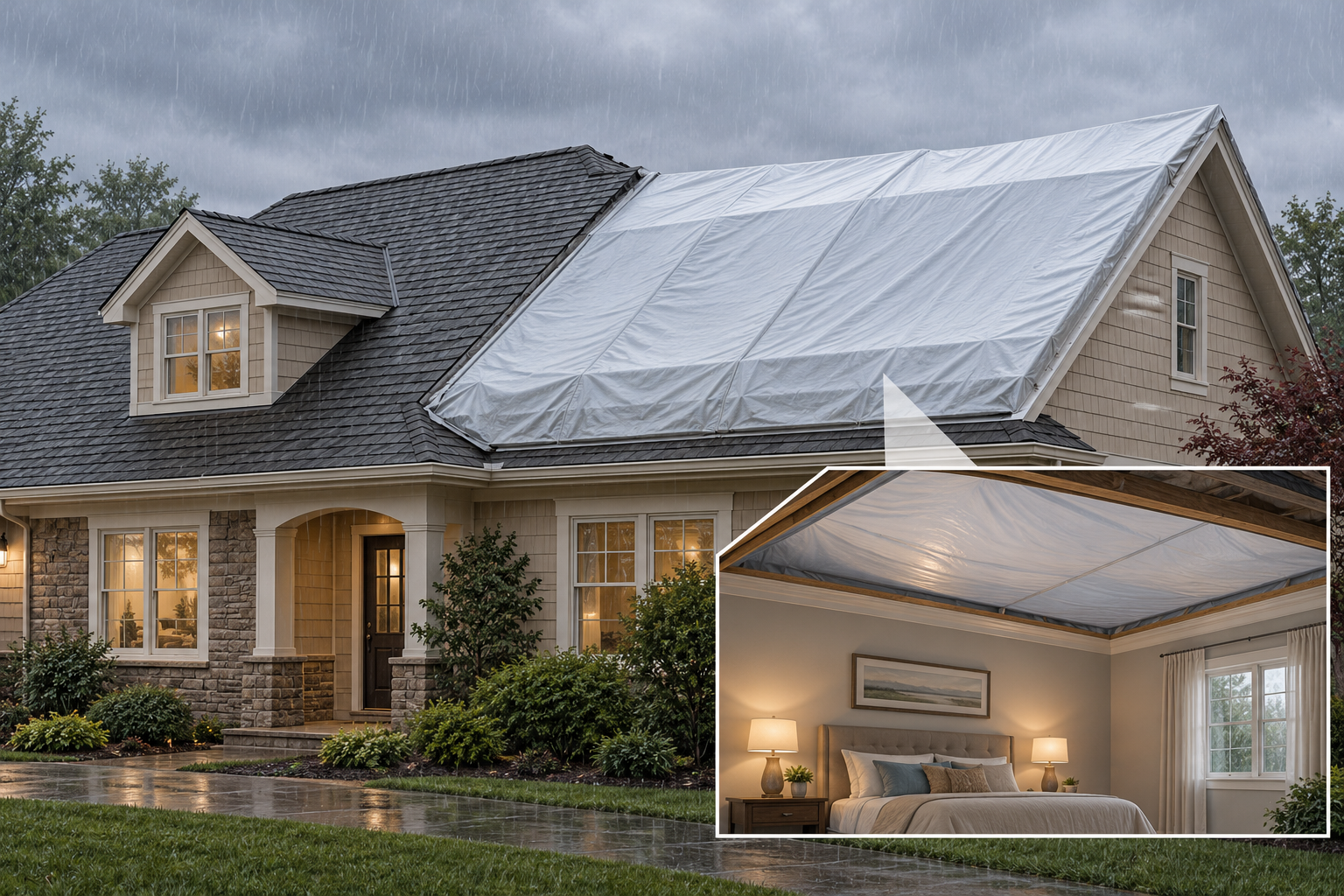 A temporary enclosure covering a roof replacement area, with a cutaway view of the sheltered room below.