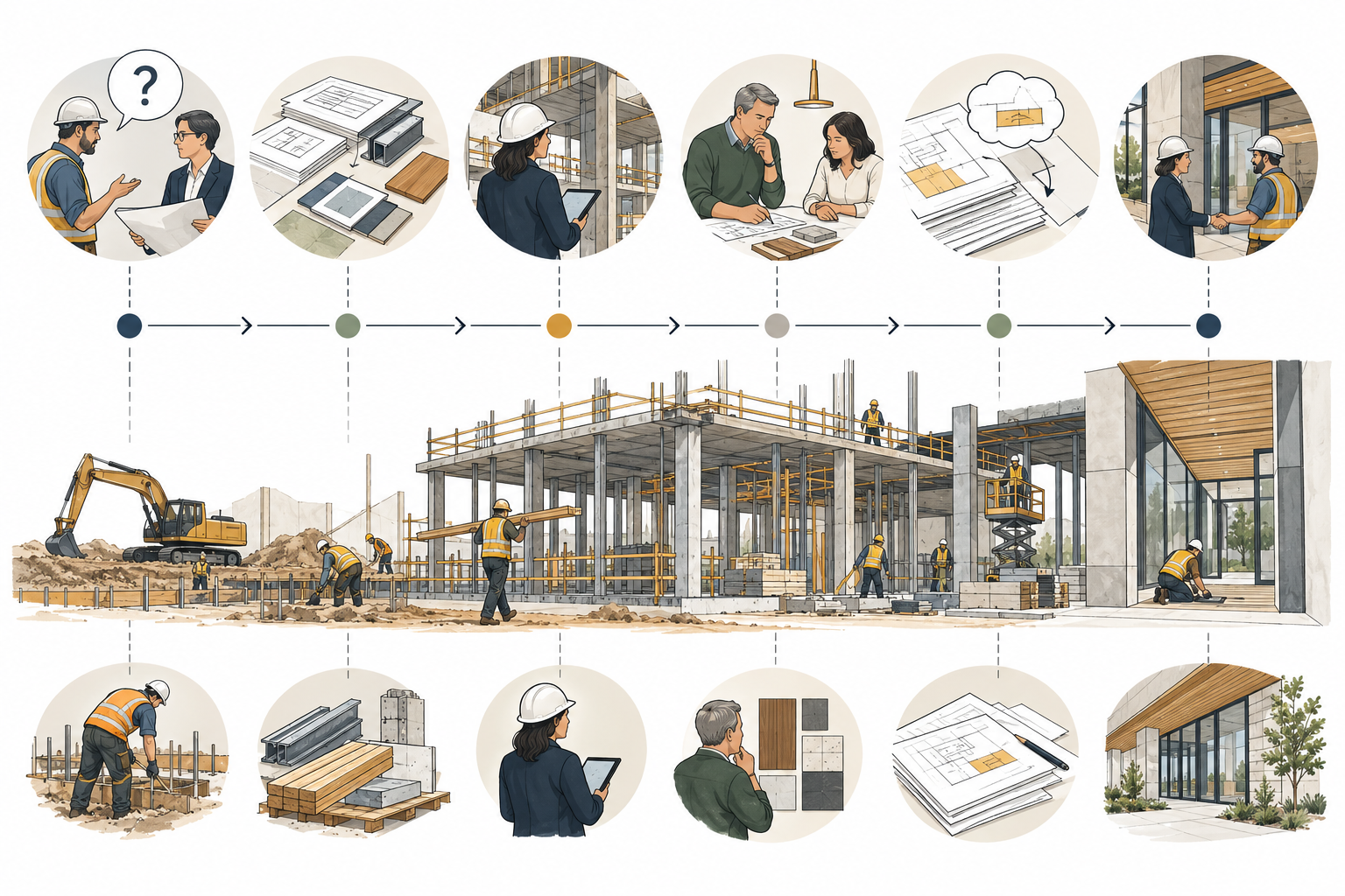 Architect construction administration consists of defined project touchpoints such as questions, submittals, periodic observations, owner decisions, changes, and closeout.