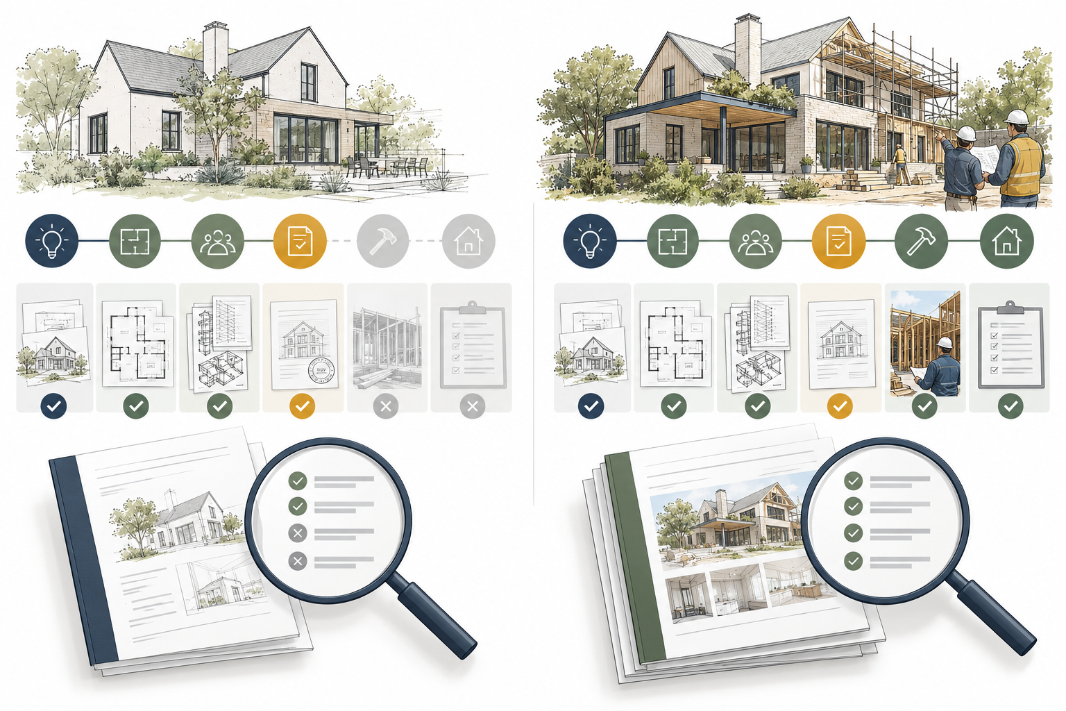 A comparison of two architect proposals with different phase endpoints and included deliverables, from permit documents through bidding and construction support.