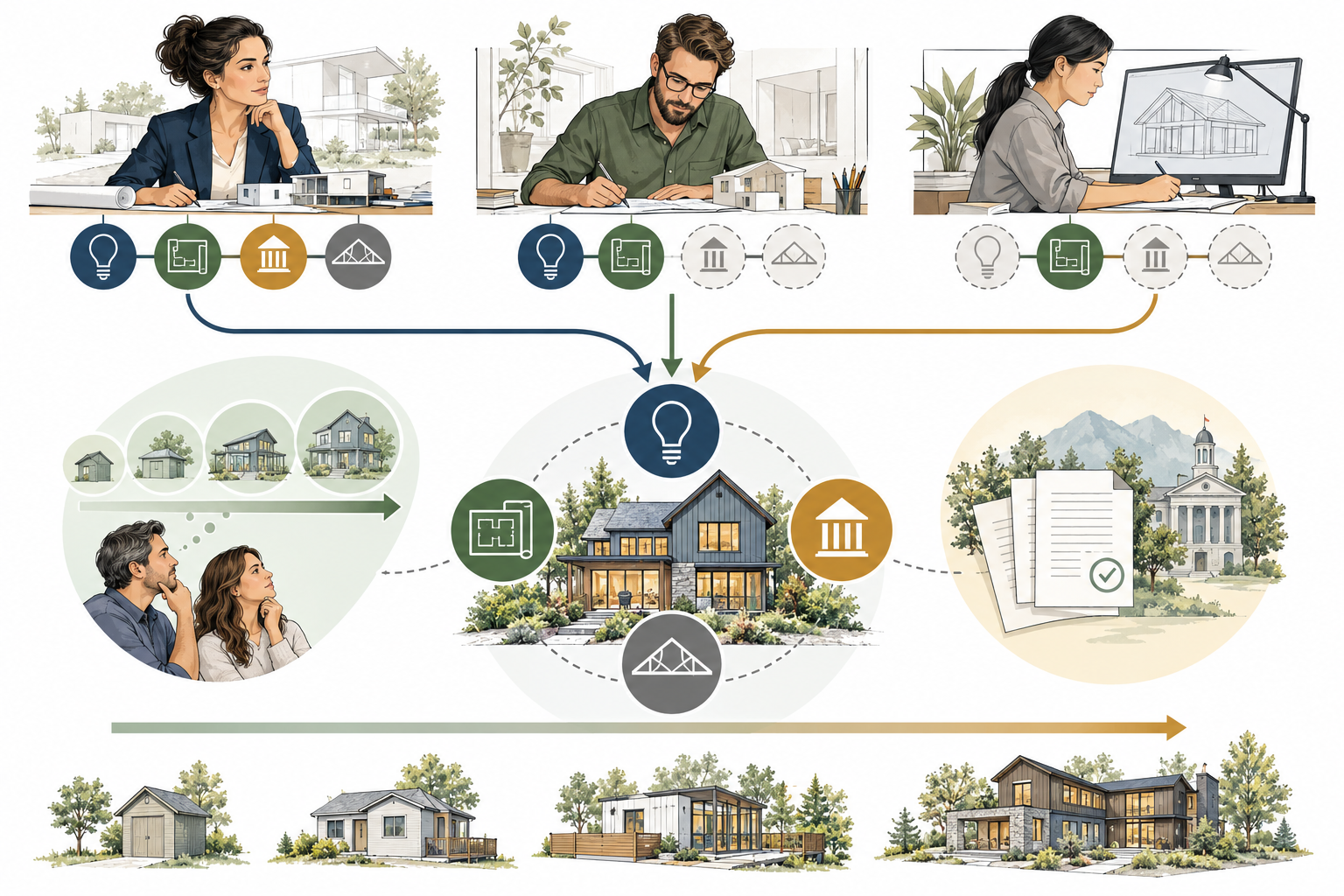A responsibility map comparing architect, residential designer, and drafter roles across design, documentation, permits, and engineering.