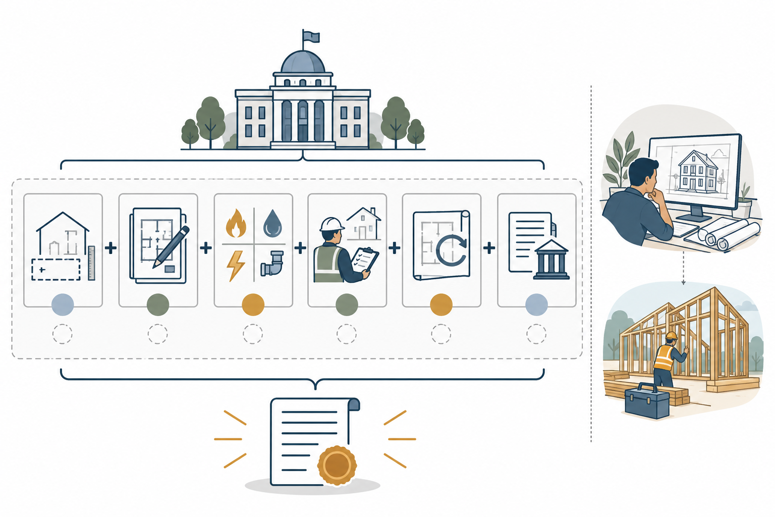 Possible local permit-fee components such as valuation, review, trade permits, inspections, and revisions, separated from design and construction.