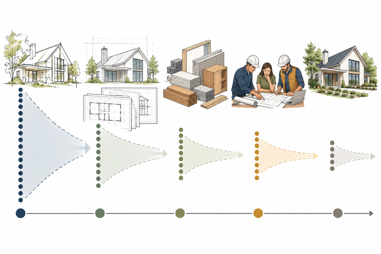 Estimate detail grows from an early concept through developed drawings, takeoffs, preconstruction, and bids, while market and scope uncertainty remains.