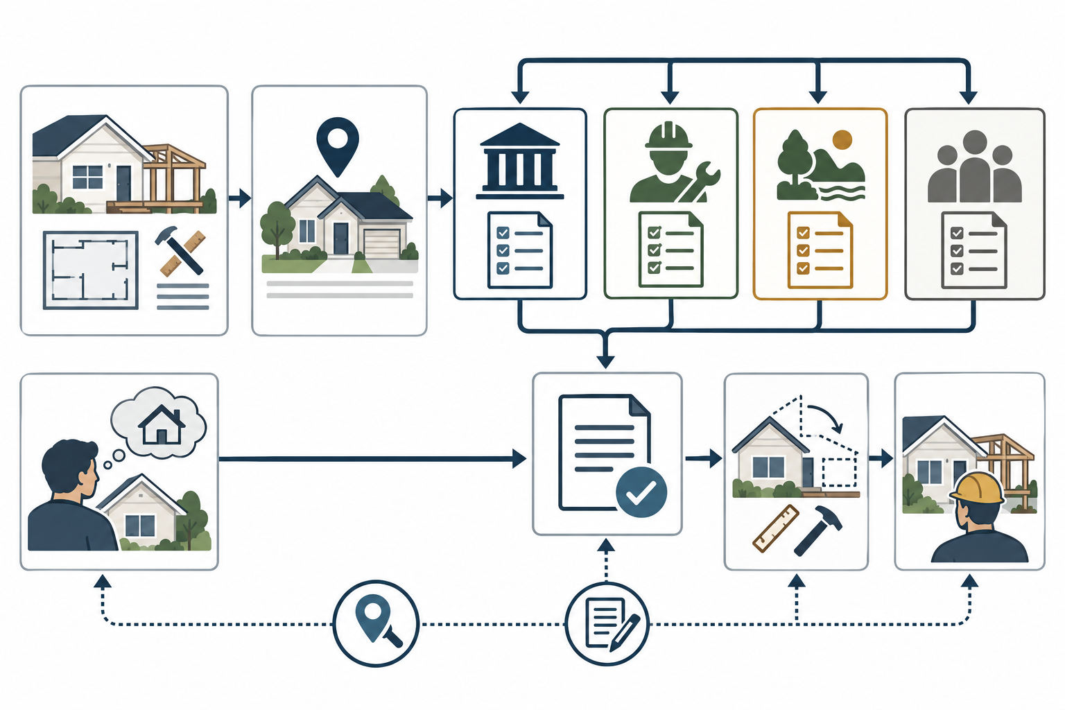A local permit-verification path from a precise project scope through separate approval checks, a written authority answer, and rechecking changed work.