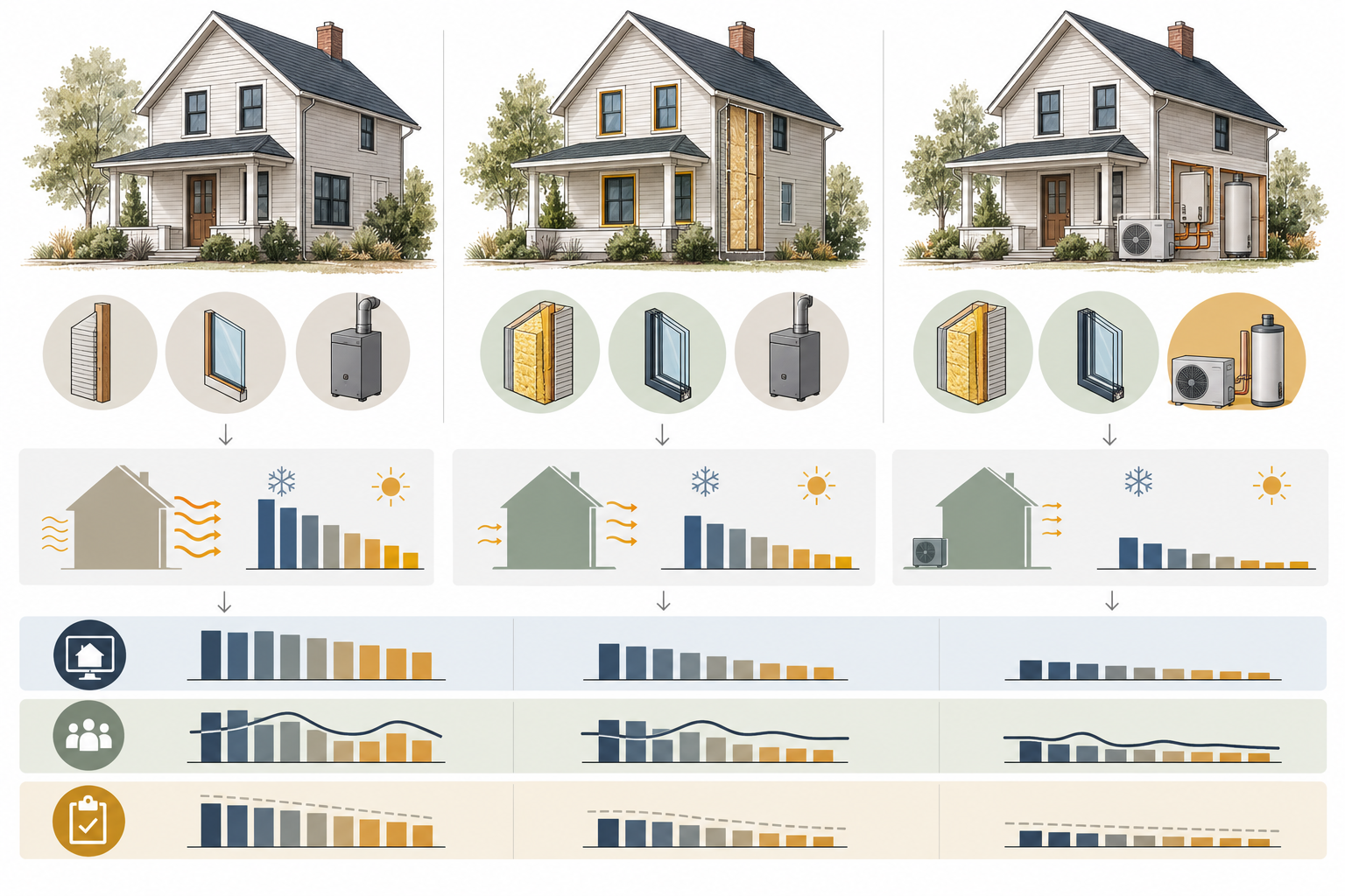 A baseline home and retrofit scenarios enter a conditional performance model, whose estimates remain distinct from actual bills and later commissioning.