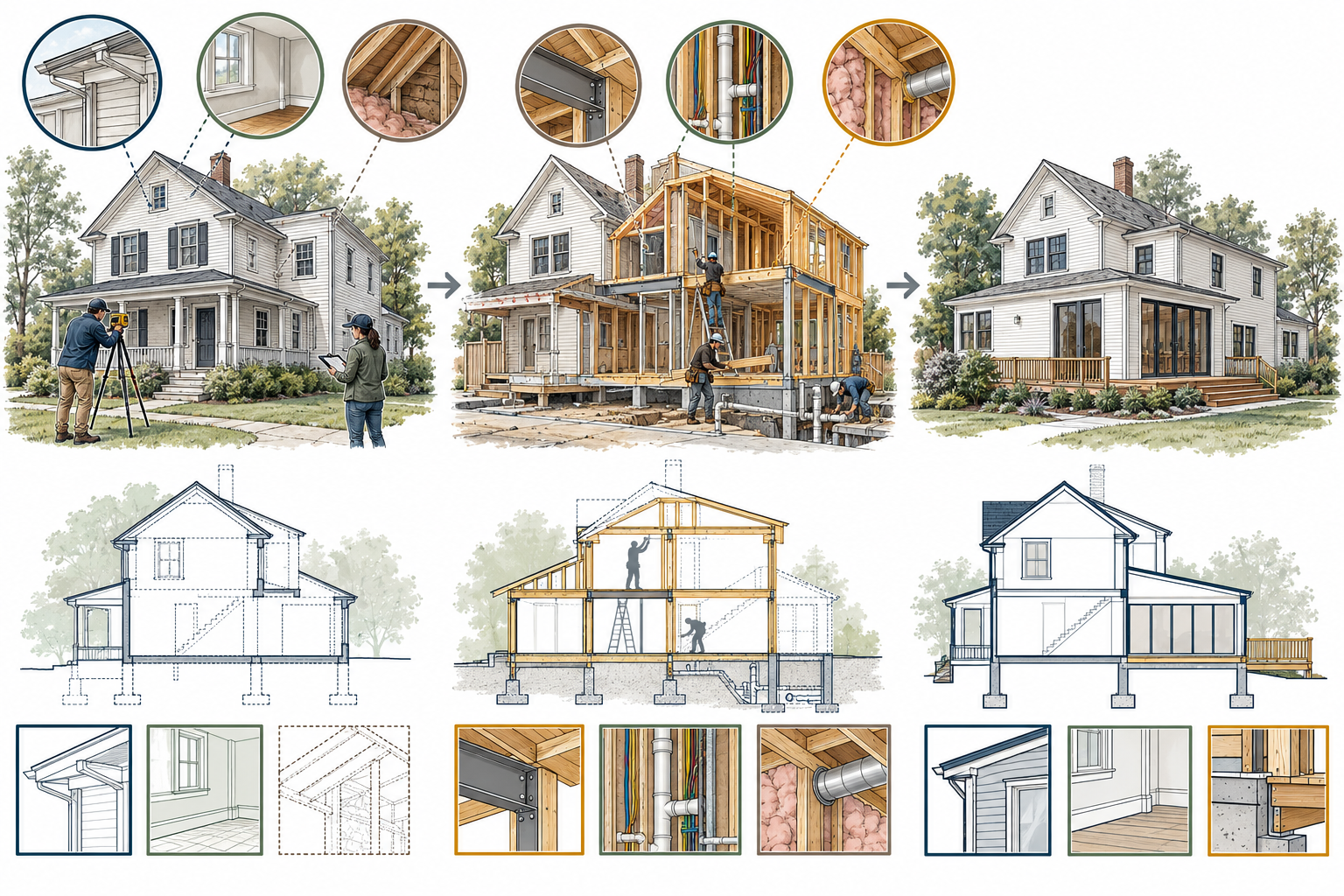 Existing conditions are measured before design; contractor as-built records document installed work later, while concealed conditions remain unverified.