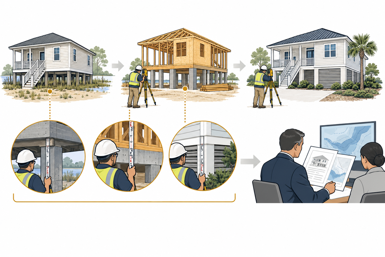 Flood-elevation documentation at existing, construction, and finished stages, with measured information kept separate from an authority or insurer decision.