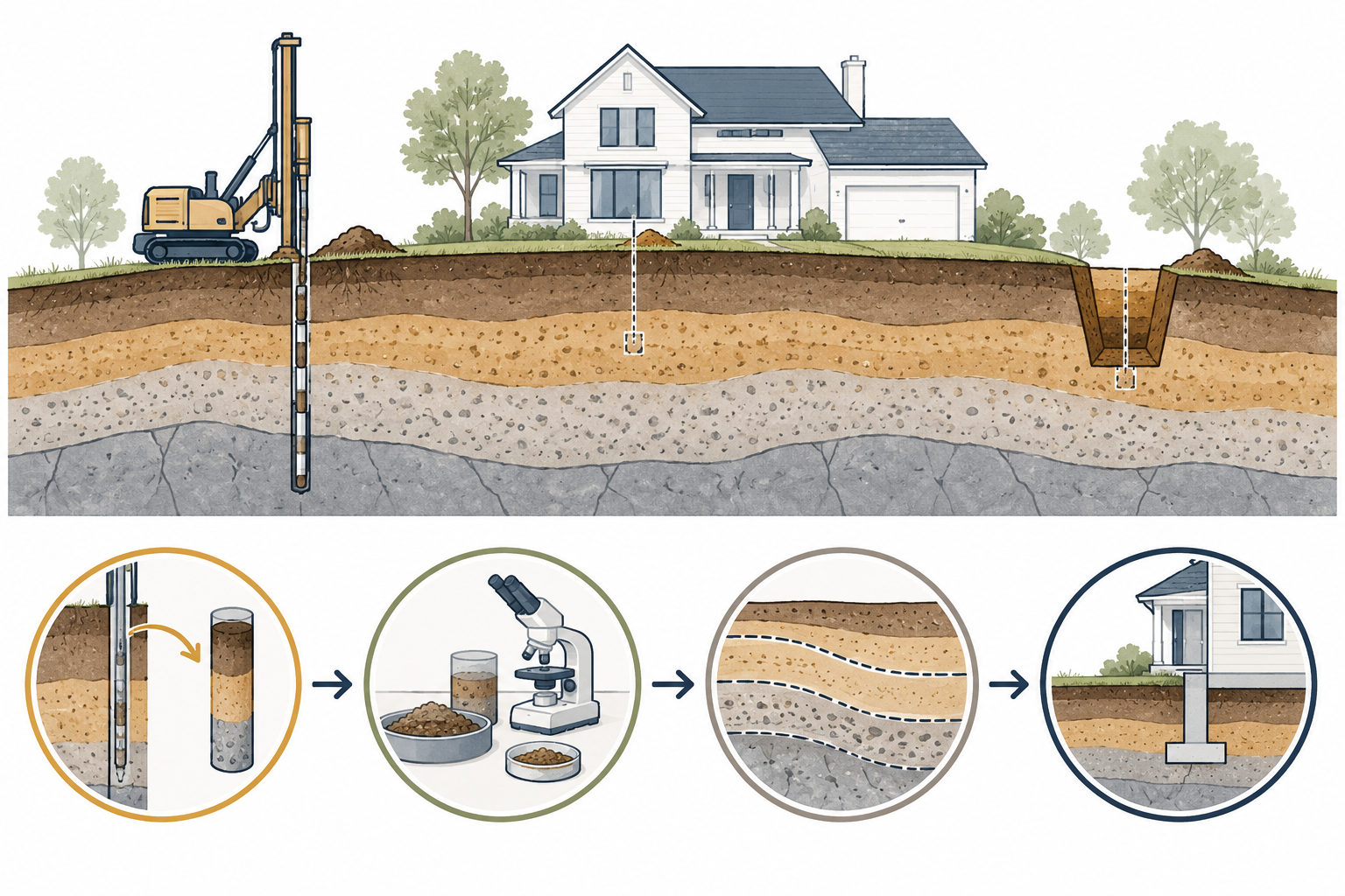 A limited site investigation sequence from boring or test pit through laboratory analysis and project-specific engineering recommendations.