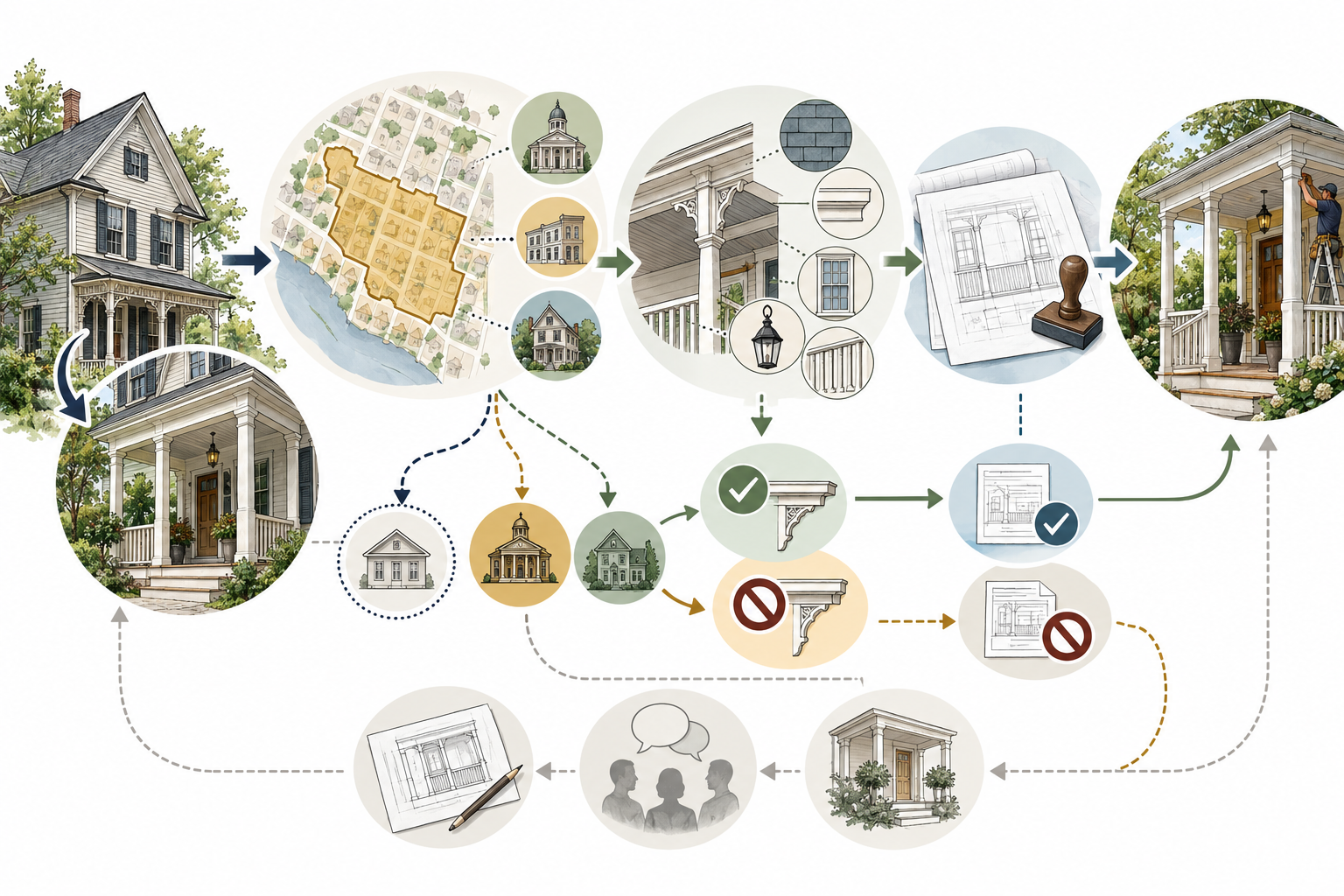 Historic review begins by confirming designation, then follows a preservation review path before separate building-permit and construction steps.