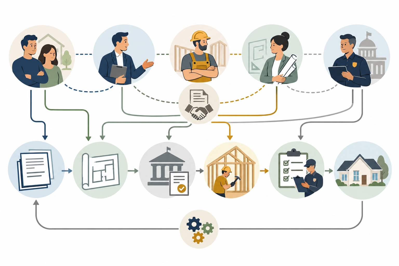 The owner, applicant or agent, contractor, design professional, and authority have distinct roles through application, construction, inspection, and closeout.