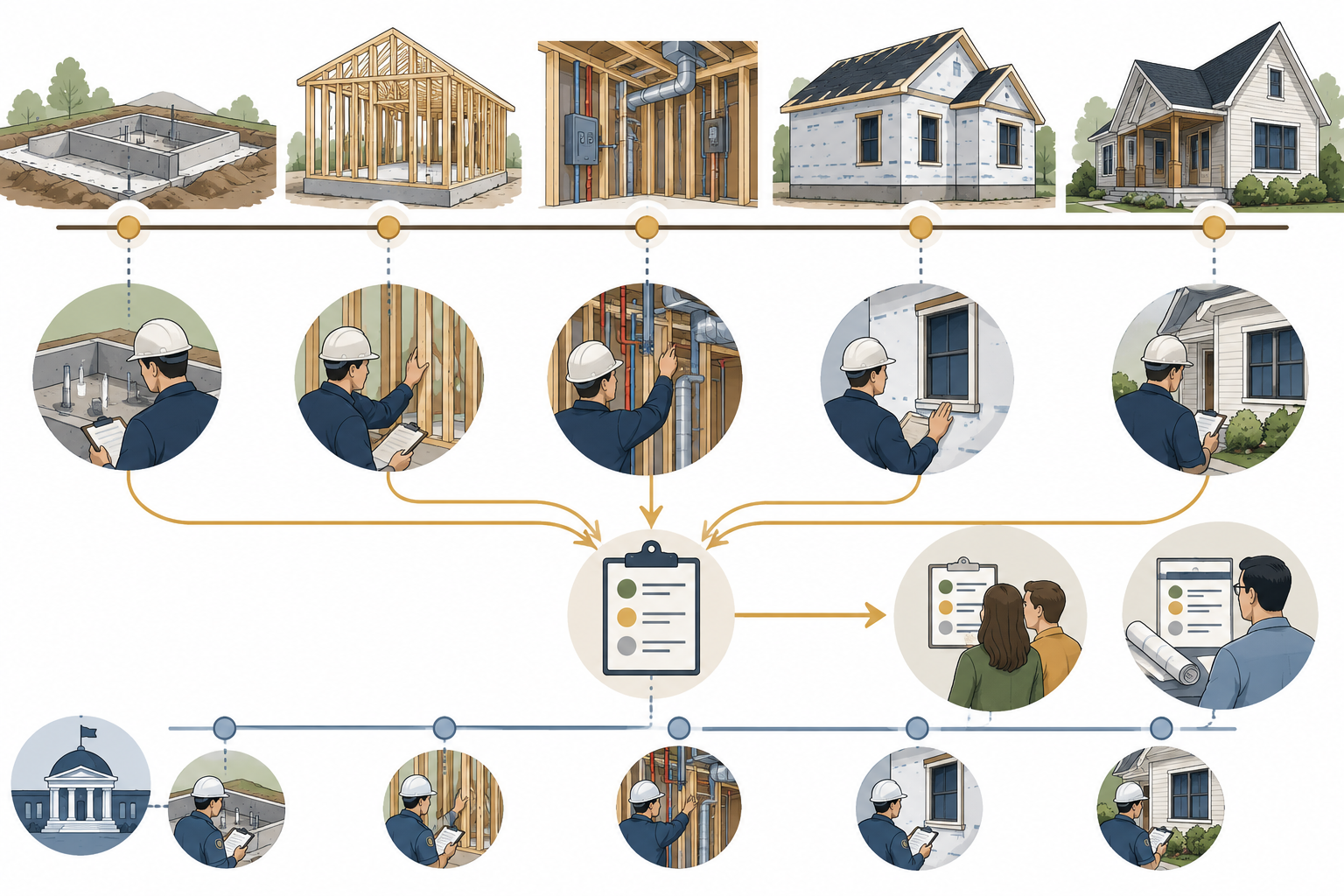Possible private inspection milestones occur while foundation, framing, rough systems, or enclosure work remains visible, separate from municipal inspections.
