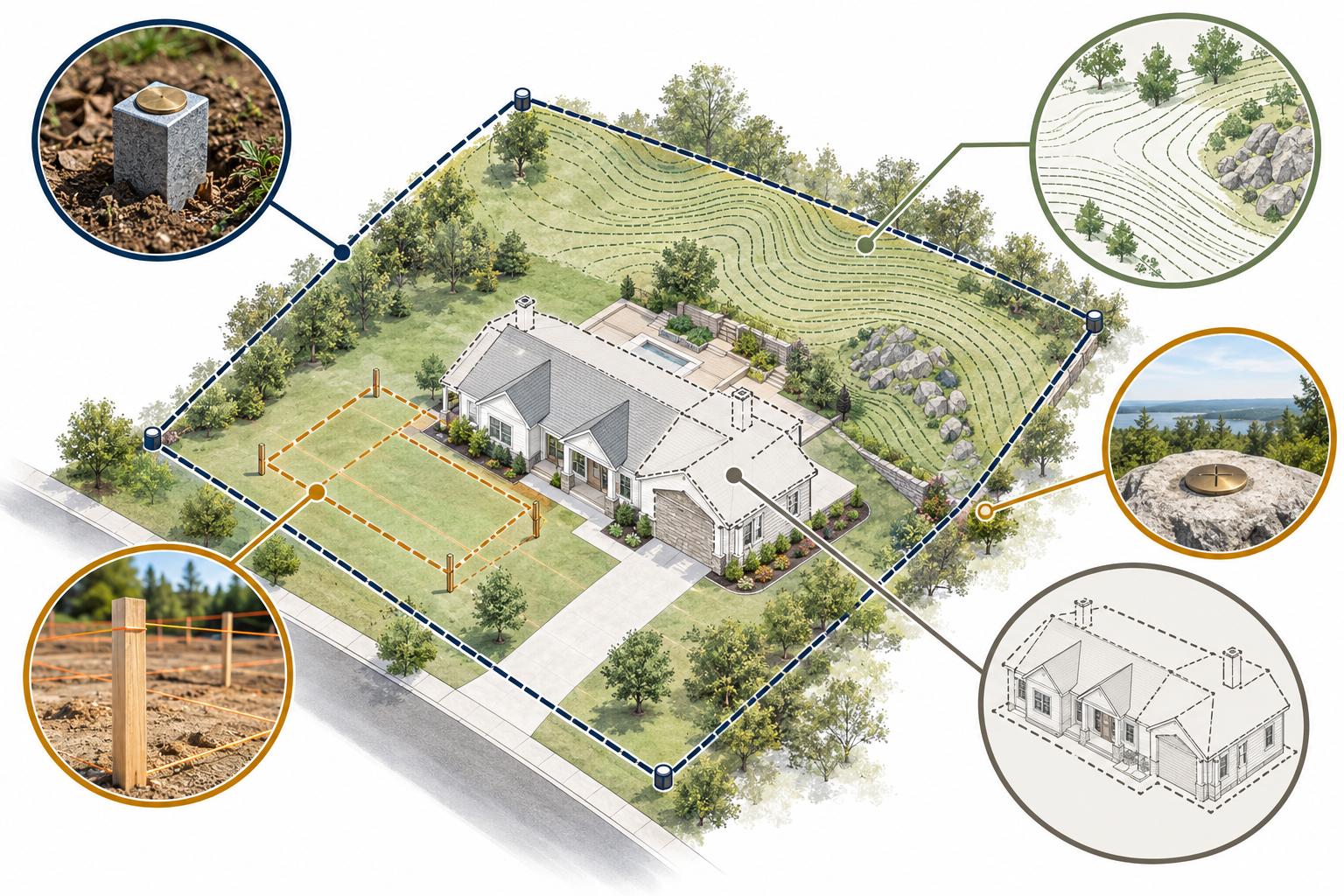A residential lot with distinct survey outputs: boundary evidence, topographic contours, elevation documentation, construction layout, and as-built location.