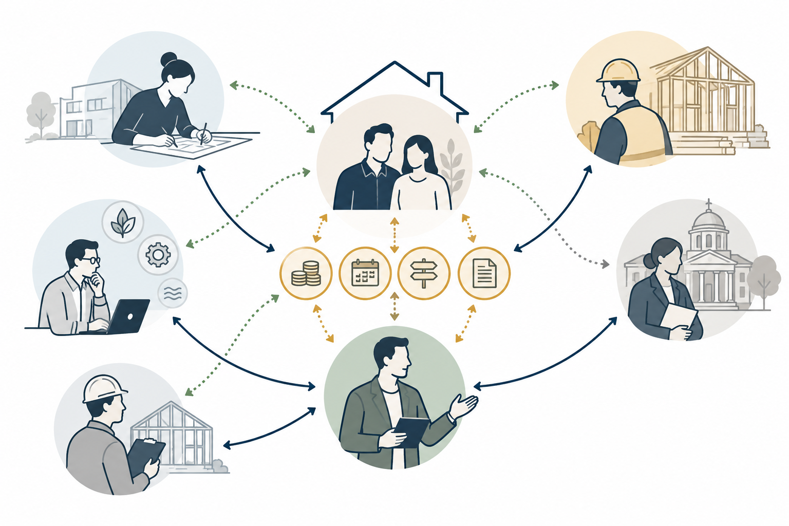 An owner-side representative coordinates information among the owner, architect, contractor, consultants, inspectors, and authority while each retains distinct responsibilities.
