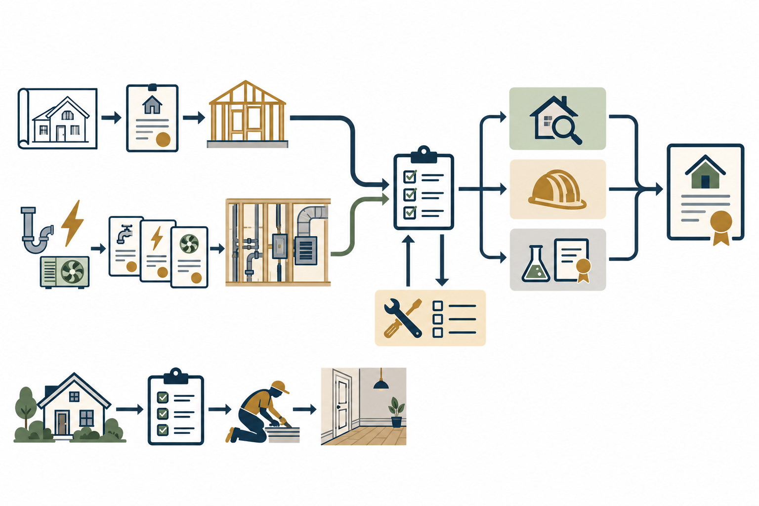 Building and trade permit tracks converge through final inspections, correction items, and required records to an authority completion status.
