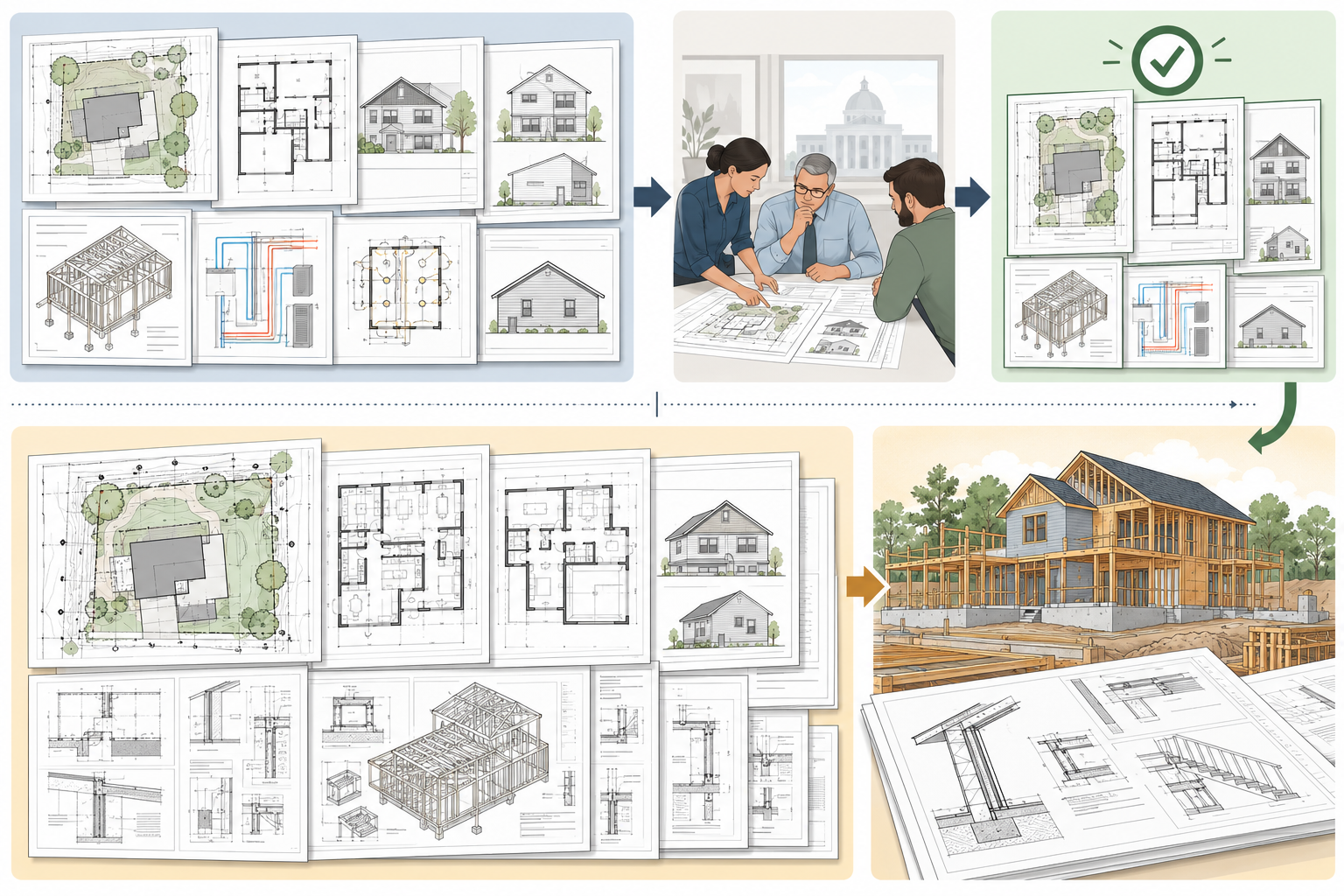 A coordinated permit package from site and design sheets through specialist documents and authority review, distinct from construction-ready details and approval.