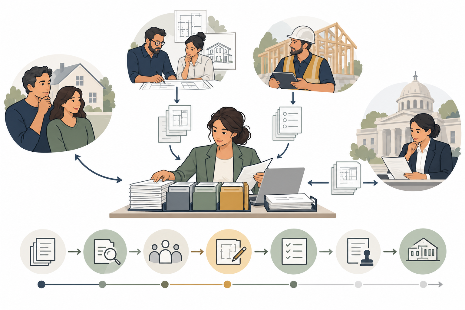 A private permit coordinator tracks documents and status among the owner, professionals, contractor, and authority while technical decisions and approval stay with their responsible parties.