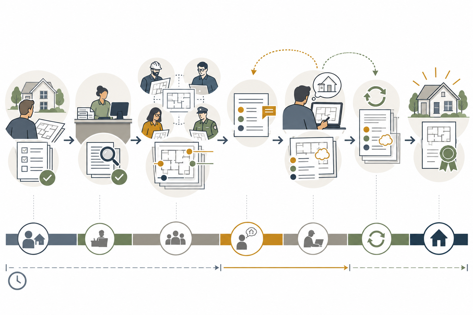 Permit review moves from intake through comments and revised documents to issuance, with authority review and professional response time shown separately.