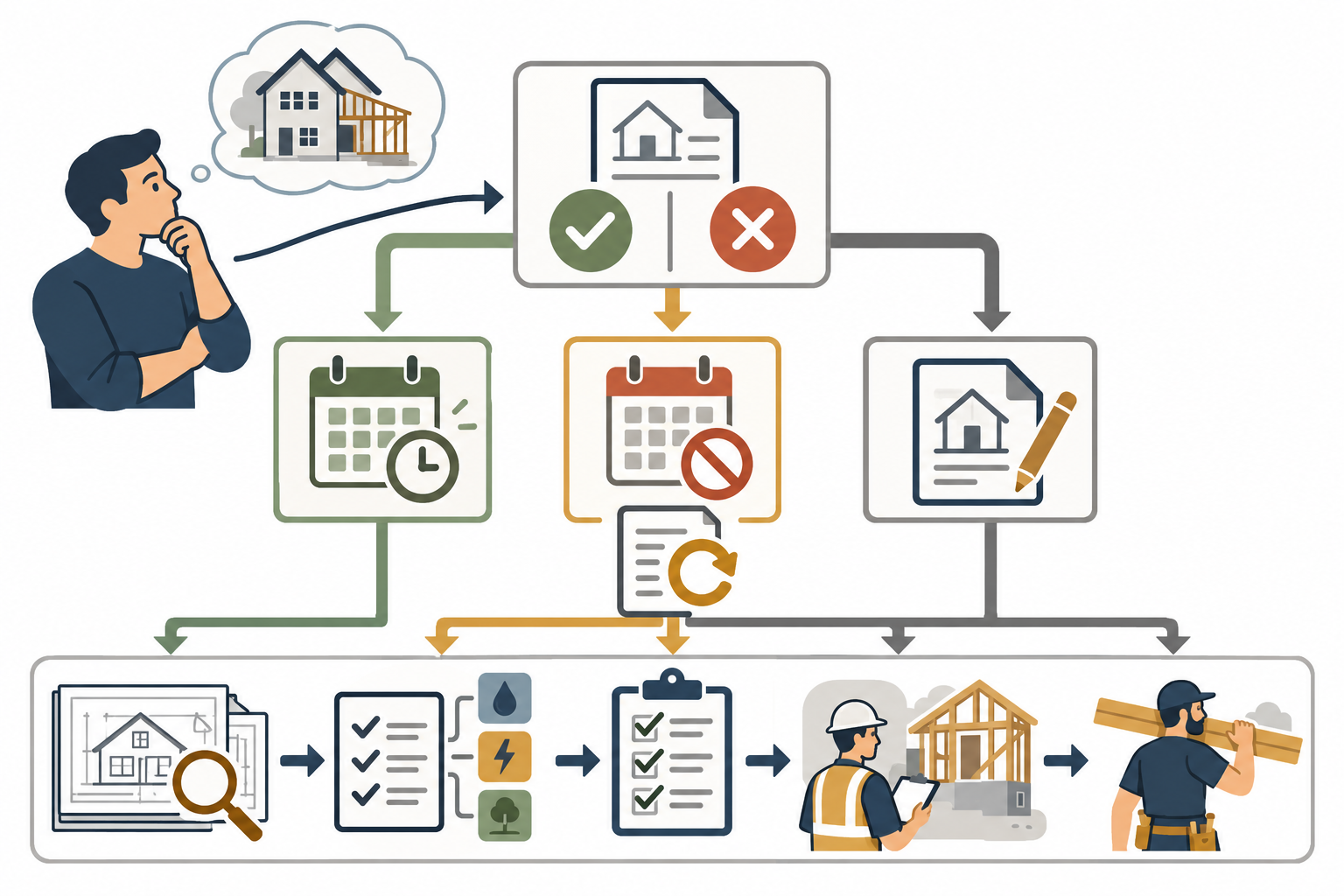 Written status confirmation leads to a local path such as extension, reestablishment, or a new application before drawings and restart costs are checked.