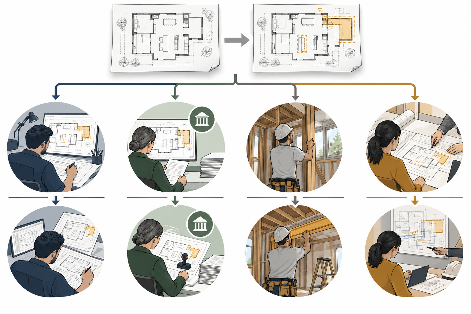 A changed plan can affect separate professional, authority, construction, and coordination costs, with the timing before or after issuance shaping the path.