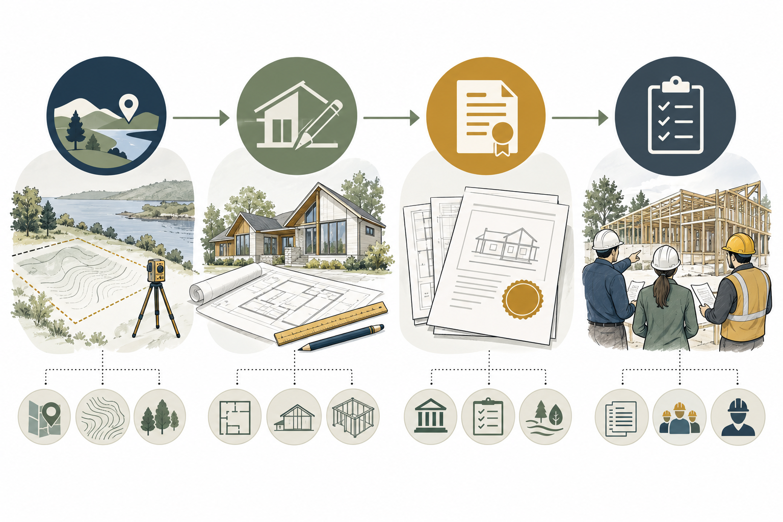 A four-stage preconstruction budgeting path from feasibility and site information through design, approvals, bidding, and construction administration.