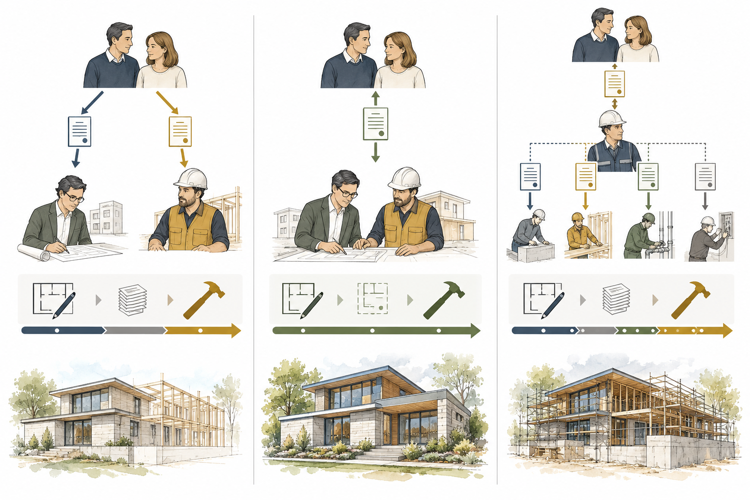Three contract maps distinguish design-bid-build, design-build, and construction management by relationships, timing, and possible risk allocation.