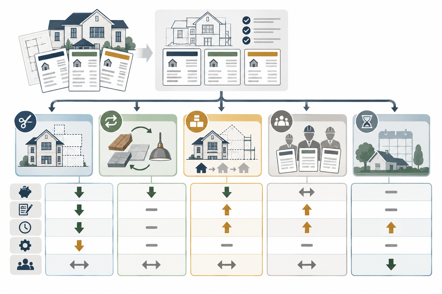 After aligning bids to one scope, compare redesign, substitution, phasing, rebidding, or pause by savings and tradeoffs.