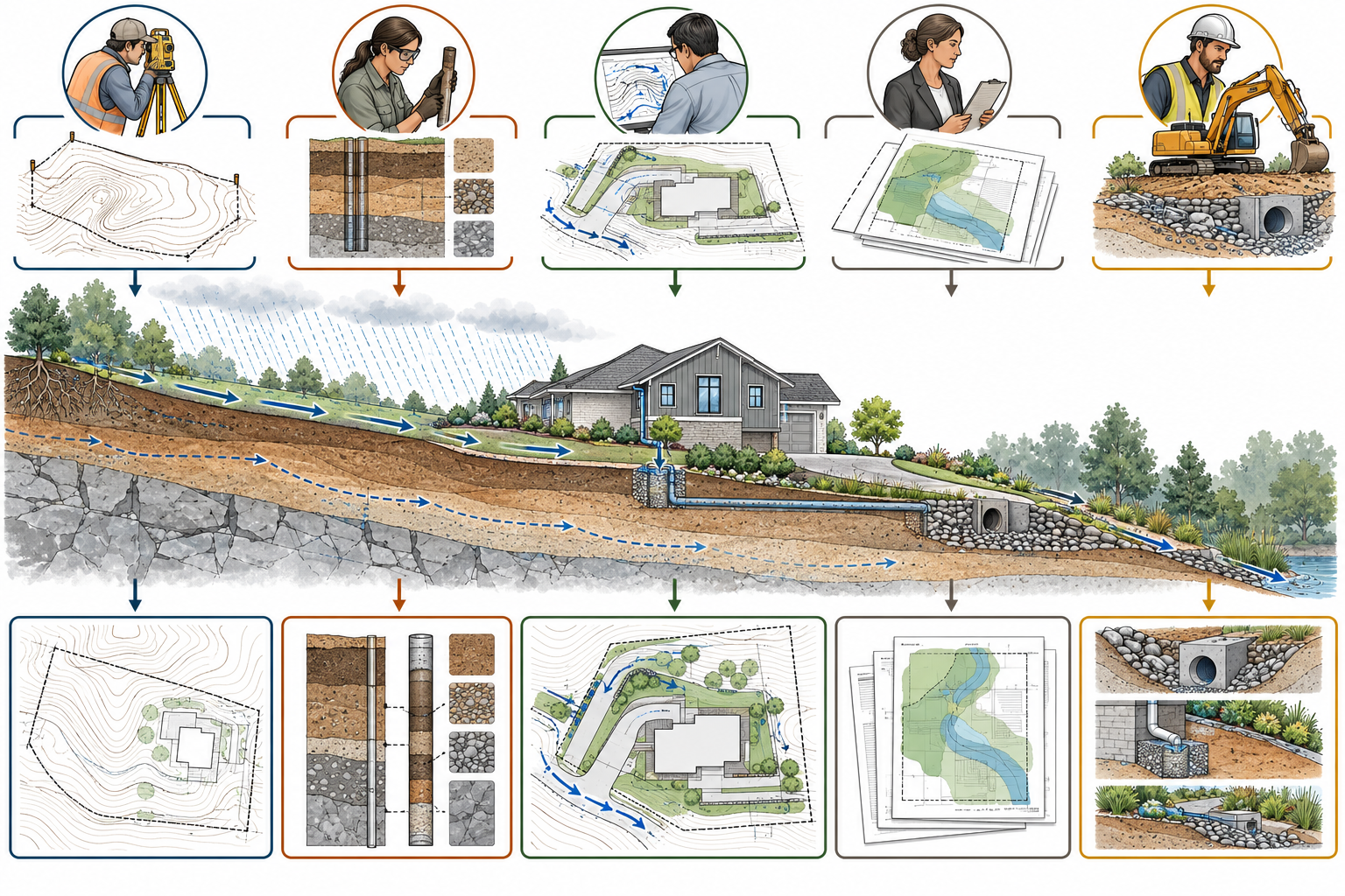 A sloped home site showing survey and soil inputs, civil drainage design, authority review, and separate construction work.