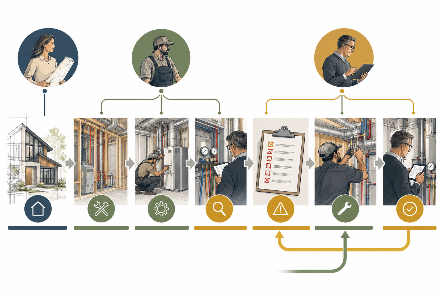 Commissioning follows design intent through installation, testing, deficiency correction, and retesting, with separate owner, installer, and verifier roles.