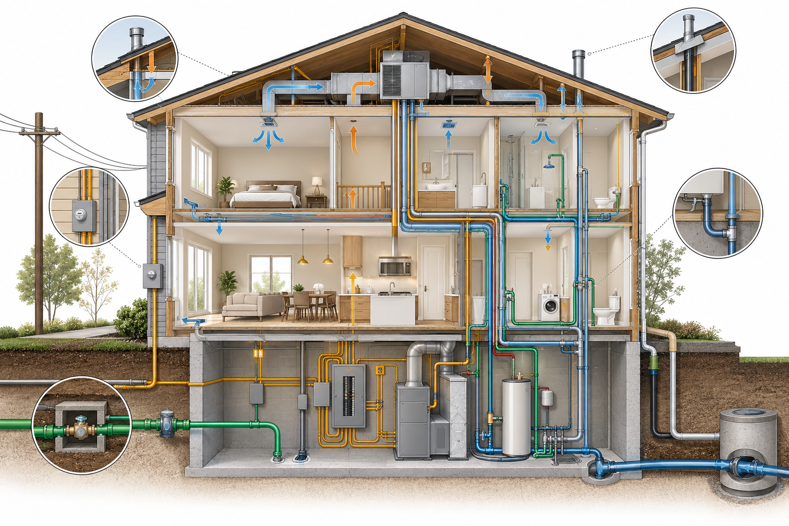 A house cutaway showing coordinated mechanical airflow, electrical distribution, and plumbing paths, distinct from installation and commissioning.