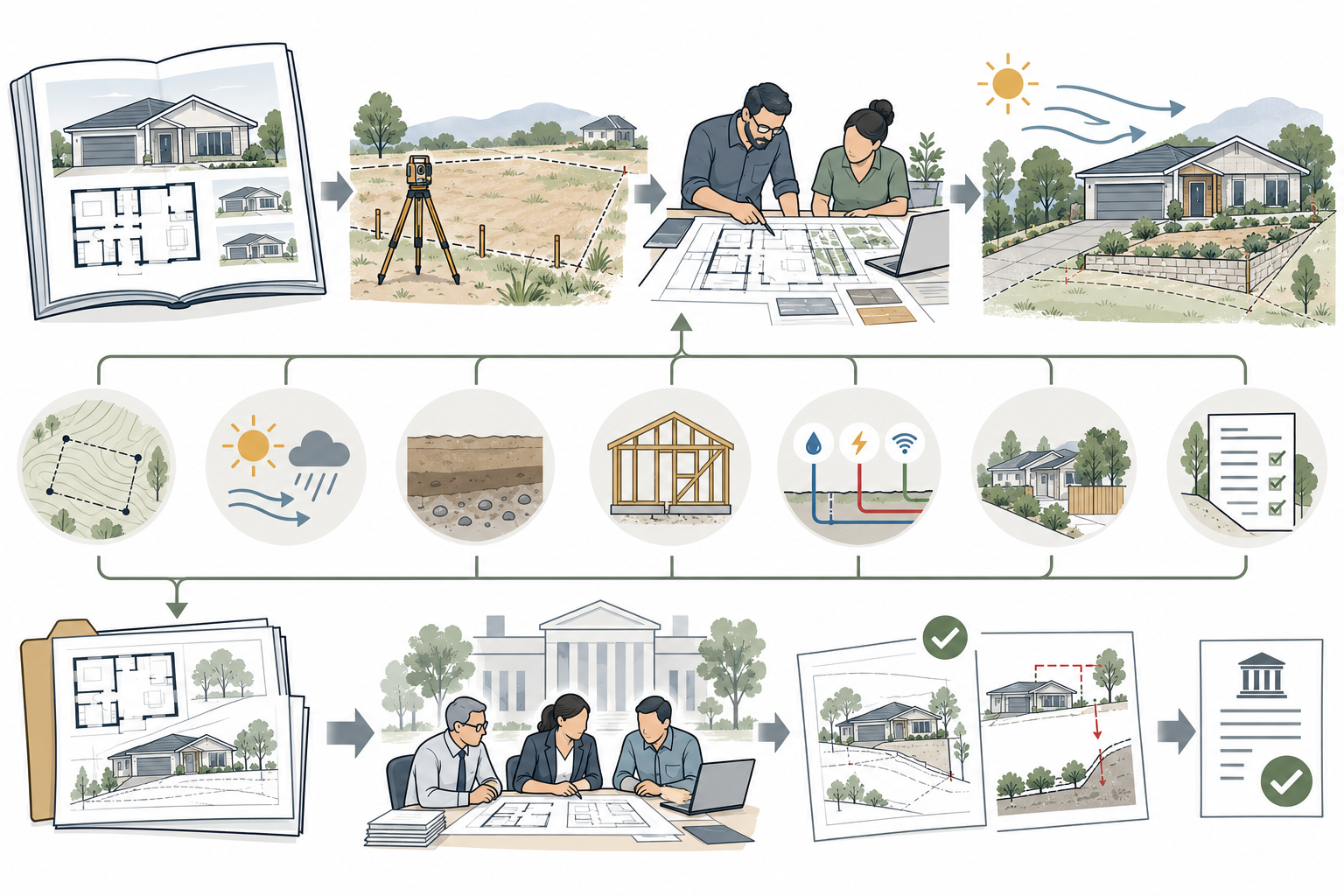 A catalogue plan becomes site-specific through survey and local professional adaptation before submission to the responsible authority.