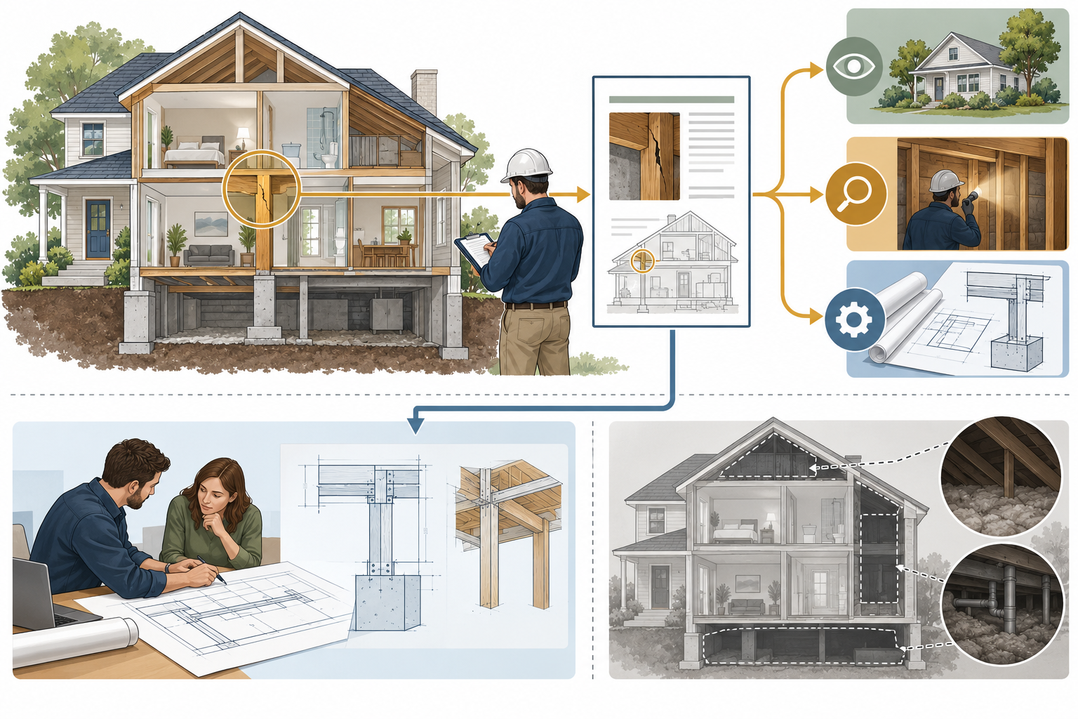 A bounded structural inspection leads to a report and possible next steps such as monitoring, further investigation, or separate engineered drawings.
