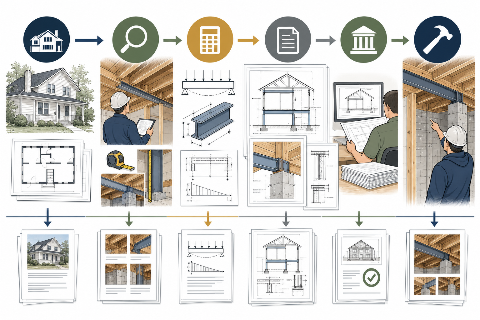A structural design process from existing conditions and investigation through calculations, coordinated drawings, permit review, and separate construction support.