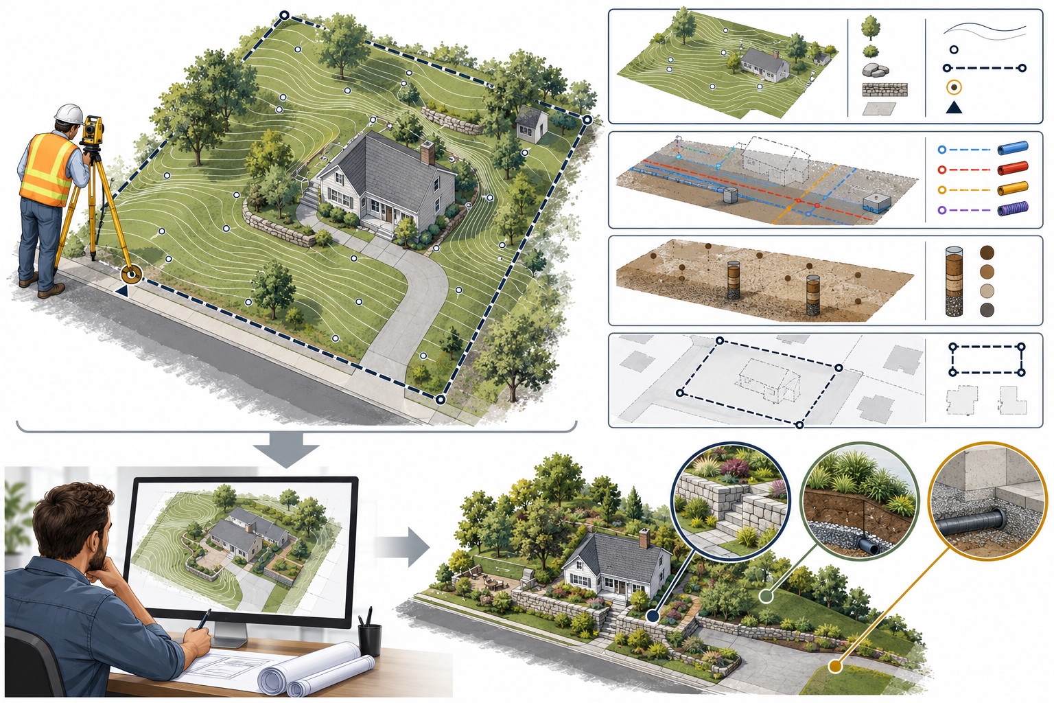 A residential site survey showing contour lines, spot elevations, visible features, a benchmark, and the surveyed area used by a designer.